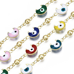 Colorful Brass Moon with Evil Eye Link Chains, with Enamel, Unwelded, Real 16K Gold Plated, Colorful, 8x3.5x3.5mm, 3.5x2.5x0.5mm, 13.5x7x3mm