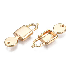 Real 18K Gold Plated Brass Connector Charms, Cadmium Free & Nickel Free & Lead Free, Lock, Real 18K Gold Plated, 29x10x4mm, Hole: 0.8mm & 1.6mm