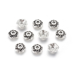 Antique Silver Tibetan Style Alloy Bead Caps, Cadmium Free & Nickel Free & Lead Free, Flower, Antique Silver, 9x3mm, Hole: 1mm