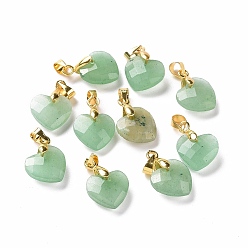 Green Aventurine Natural Green Aventurine Pendants, with Golden Tone Brass Clasp, Faceted Heart Charms, 11x12x5mm, Hole: 4.5x3.5mm