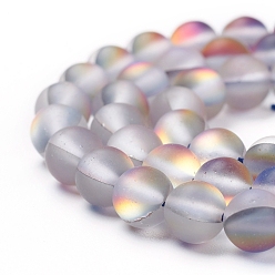 Light Grey Synthetic Moonstone Beads Strands, Holographic Beads, Dyed, Frosted, Round, Light Grey, 6mm, Hole: 1mm, about 60~62pcs/strand, 14~15 inch