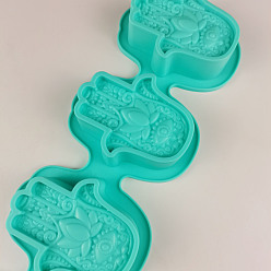 Turquoise Moules en silicone pour savon à main hamsa, pour la fabrication de savons artisanaux, 4 cavités, turquoise, 337x107x30mm