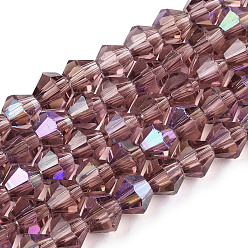 Dark Violet Transparent Electroplate Glass Beads Strands, AB Color Plated, Faceted, Bicone, Dark Violet, 4x4mm, Hole: 0.8mm, about 87~98pcs/strand, 12.76~14.61 inch(32.4~37.1cm)