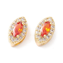Orange Red Rack Plating Brass Micro Pave Cubic Zirconia Beads, Long-Lasting Plated, Real 18K Gold Plated, Cadmium Free & Nickel Free & Lead Free, Horse Eye, Orange Red, 10x6x6mm, Hole: 3~5x2mm