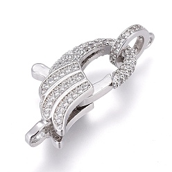 Real Platinum Plated Brass Micro Pave Cubic Zirconia Lobster Claw Clasp, with Bail Beads/Tube Bails, Long-Lasting Plated, Wing, Clear, Real Platinum Plated, 24x14x5mm, Hole: 2x2mm, Tube Bails: 10x8x2mm, Hole: 1.4mm.