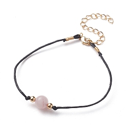 Rose Quartz Natural Rose Quartz Beaded Bracelets, with Waxed Cotton Cords, Brass Round Beads and Lobster Claw Clasps, Golden, 7-5/8~7-7/8 inch(19.5~20cm)