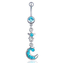 Aquamarine Rhinestone Moon & Star Dangle Belly Ring, Alloy Navel Ring with 316L Surgical Stainless Steel Bar for Women Piercing Jewelry, Aquamarine, 53x10mm