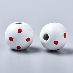 Blanc Perles européennes en bois naturel peint, Perles avec un grand trou   , imprimé, rond avec point, blanc, 16x15mm, Trou: 4mm