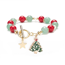 Colorful Christmas Tree & Star Alloy Enamel Charm Bracelet, Natural Mashan Jade & Green Aventurine Beaded Bracelet for Women, Colorful, 7-5/8 inch(19.5cm)