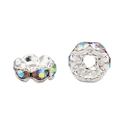Cristal AB Séparateurs perles en verre avec strass en laiton, Grade a, bord ondulé, couleur argent plaqué, rondelle, cristal ab, 8x3.8mm, Trou: 1mm
