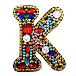 Letter K Kits de pintura de diamantes con llavero de letra inicial colorido diy, incluyendo tablero acrílico, cadena de cuentas, cierres, diamantes de imitación de resina, pluma, bandeja y arcilla de cola, letter.k, 60x50 mm