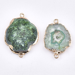 Green Electroplate Natural Druzy Agate Links connectors, with Iron Findings, Dyed, Golden, Green, 30~45x15~35x3~7.5mm, Hole: 2mm