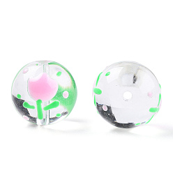 Pink Perles de lampwork faites à la main transparentes, ronde avec motif de fleurs, verte, 17x16x15mm, Trou: 1.8~2mm