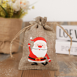 Santa Claus Christmas Theme Linenette Drawstring Bags, Rectangle with Santa Claus Pattern, Peru, Santa Claus Pattern, 14x10cm