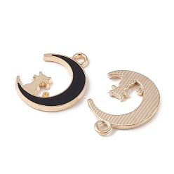 Black Alloy Enamel Pendants, Light Gold, Moon with Cat Charm, Black, 19.5x14.5x1.5mm, Hole: 2mm