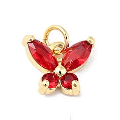 Red Rack Plating Brass Micro Pave Cubic Zirconia Charms, with Jump Ring, Cadmium Free & Lead Free, Real 18K Gold Plated, Butterfly Charms, Red, 12.5mm, Hole: 3mm