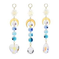 Bleu Galvanoplastie verre cœur & fenêtre en forme de larme attrape-soleil suspendus, soleil et lune en laiton doré et perles octogonales en verre pendentifs décorations ornements, bleu, 220x28mm