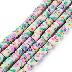 Colorful Handmade Polymer Clay Bead Strands, Column with Flower, Colorful, 6x5mm, Hole: 1mm, about 63pcs/strand, 15.75''(40cm)
