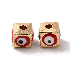 Roja Perlas de esmalte de la aleación, la luz de oro, cubo con mal de ojo, rojo, 5.5x6x6 mm, agujero: 1.8 mm