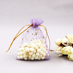 Lilas Rectangle organza sacs à cordon, estampage or motif lune et étoile, lilas, 9x7 cm