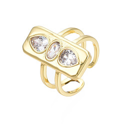 Прозрачный Прямоугольное открытое кольцо-манжета из кубического циркония, широкое женское кольцо из латуни с покрытием из настоящего золота 18k с двойной линией, без никеля , прозрачные, размер США 7 1/4 (17.5 мм)
