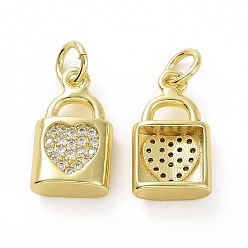 Clear Brass Micro Pave Cubic Zirconia Charms, Real 18K Gold Plated, with Jump Ring, Padlock & Heart, Clear, 14x8x4mm, Jump Ring: 5x0.8mm, Inner Diameter: 3.2mm