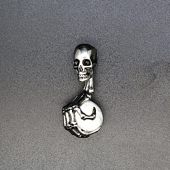 Howlite Pendentifs en alliage de howlite naturelle crâne d'halloween, breloques de main squelette avec boule de sphère de pierres précieuses, argent antique, 43x19mm