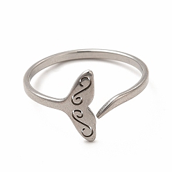 Платина 304 открытое манжетное кольцо из нержавеющей стали с хвостом кита для женщин, цвет нержавеющей стали, внутренний диаметр: 18 мм