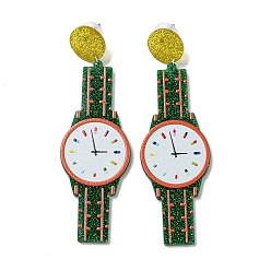 Verde Aretes colgantes con forma de reloj de acrílico brillante con 304 pasadores de acero inoxidable, verde, 86x26.5 mm
