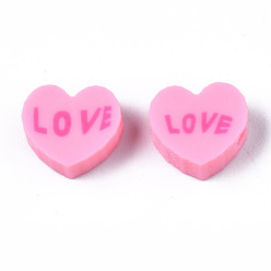 Perlas de Color Rosa Abalorios de la arcilla de polímero hechos a mano, corazón con la palabra amor, rosa perla, 8~8.5x9~9.5x4.5 mm, agujero: 1.8 mm