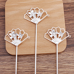 Silver Iron Hair Stick Findings, with Alloy Findings, Fan, Silver, 145x43x16mm