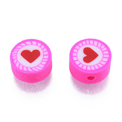 Hot Pink Handmade Polymer Clay Beads, Flat Round with Heart, Hot Pink, 9.5~10x4.5~5mm, Hole: 1.6mm