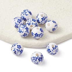 Blue Handmade Porcelain Beads, Blue and White Porcelain, Round with Flower, Blue, 8mm, Hole: 1.8mm