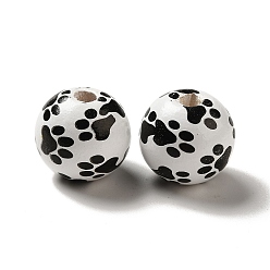 White Dog Paw Printed Round Wood European Beads, Large Hole Beads, White, 16mm, Hole: 4mm