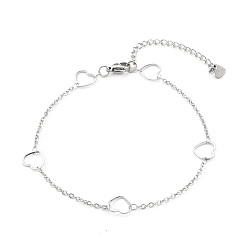 Stainless Steel Color 304 Stainless Steel Cable Chain Anklets, with Heart Link and Lobster Claw Clasps, Stainless Steel Color, 9-1/8 inch(23.3cm)