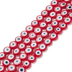 Красный Ручной сглаза Lampwork плоские круглые пряди шарик, красные, 10x4 мм, отверстие : 1 мм, около 38 шт / нитка, 14.96 дюйм