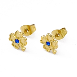 Capri Blue Rhinestone Clover Stud Earrings, Golden 304 Stainless Steel Jewelry for Women, Capri Blue, 8.5x7mm, Pin: 0.8mm