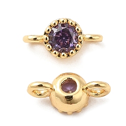 Real 18K Gold Plated Brass Pave Purple Glass Connector Charms, Single Stone Flat Round Links, Real 18K Gold Plated, 8x4x3mm, Hole: 1.2mm
