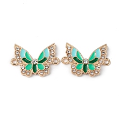 Green Alloy Enamel Connector Charms, Butterfly Links with Crystal Rhinestone, Light Gold, Cadmium Free & Nickel Free & Lead Free, Green, 16x22x2mm, Hole: 1.6mm