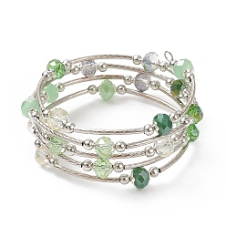 Sea Green Glass Beads Five Loops Wrap Bracelets, Brass Bead Bracelet for Women, Sea Green, Inner Diameter: 2 inch(5cm)