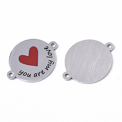 Stainless Steel Color 201 Stainless Steel Enamel Links connectors, for Valentine's Day, Flat Round with Heart and Word You Are My Love, Red, Stainless Steel Color, 16x21x1mm, Hole: 1.4mm