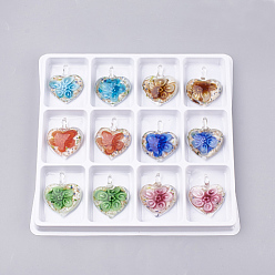 Mixed Color Handmade Gold Sand Lampwork Pendants, Inner Flower, Heart, Mixed Color, 41~46x36~38x15~16mm, Hole: 8mm, Box Size: 20x19.5x1.3cm, about 12pcs/box