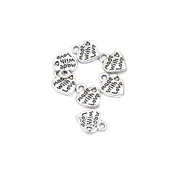 Antique Silver Valentine's Day Theme, Tibetan Style Alloy Charms, Heart with Word Made with Love, Antique Silver, 12x10mm, Hole: 1.5mm