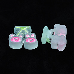 Light Blue Transparent Acrylic Beads, with Enamel, Frosted, Cherry with Bear & Rabbit, Light Blue, 22.5x26x9mm, Hole: 3mm