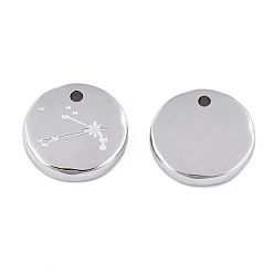 Aries 316 Surgical Stainless Steel Charms, Flat Round with Constellation, Stainless Steel Color, Aries, 10x2mm, Hole: 1mm