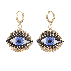 Синий Плетеные серьги-кольца с конским глазом и стеклянными семенами, ювелирные изделия из золотой латуни для женщин, синие, 46 мм, штифты : 1 мм