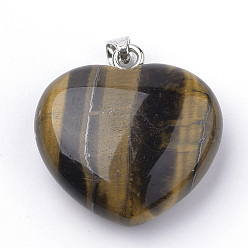 Tiger Eye Natural Tiger Eye Pendants, with Alloy Findings, Heart, Platinum, 27~29x28x11mm, Hole: 3.5x5mm