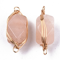 Pink Aventurine Natural Pink Aventurine Links/Connectors, Light Gold Tone Brass Wire Wrapped, Rectangle Octagon, 22~24x9~10x8.5mm, Hole: 1.6mm