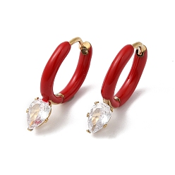 Crimson Glass Teardrop Dangle Hoop Earrings with Enamel, Real 14K Gold Plated 304 Stainless Steel Jewelry, Crimson, 20x15x4.5mm, Pin: 1mm