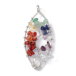 Mixed Stone 7 Chakra Leaf Natural Mixed Stone Copper Wire Wrapped Chip Big Pendants, Tree of Life Charm, with Platinum Tone Iron Findings, 68x30x8mm, Hole: 6.2mm
